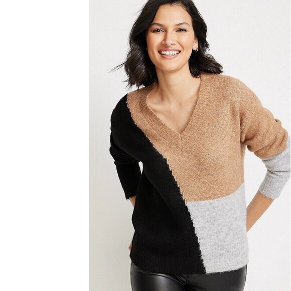 Vigoss Sweater Size Medium Colorblock V Neck Knit Cozy Pullover Long Sleeve Tan - Picture 8 of 10